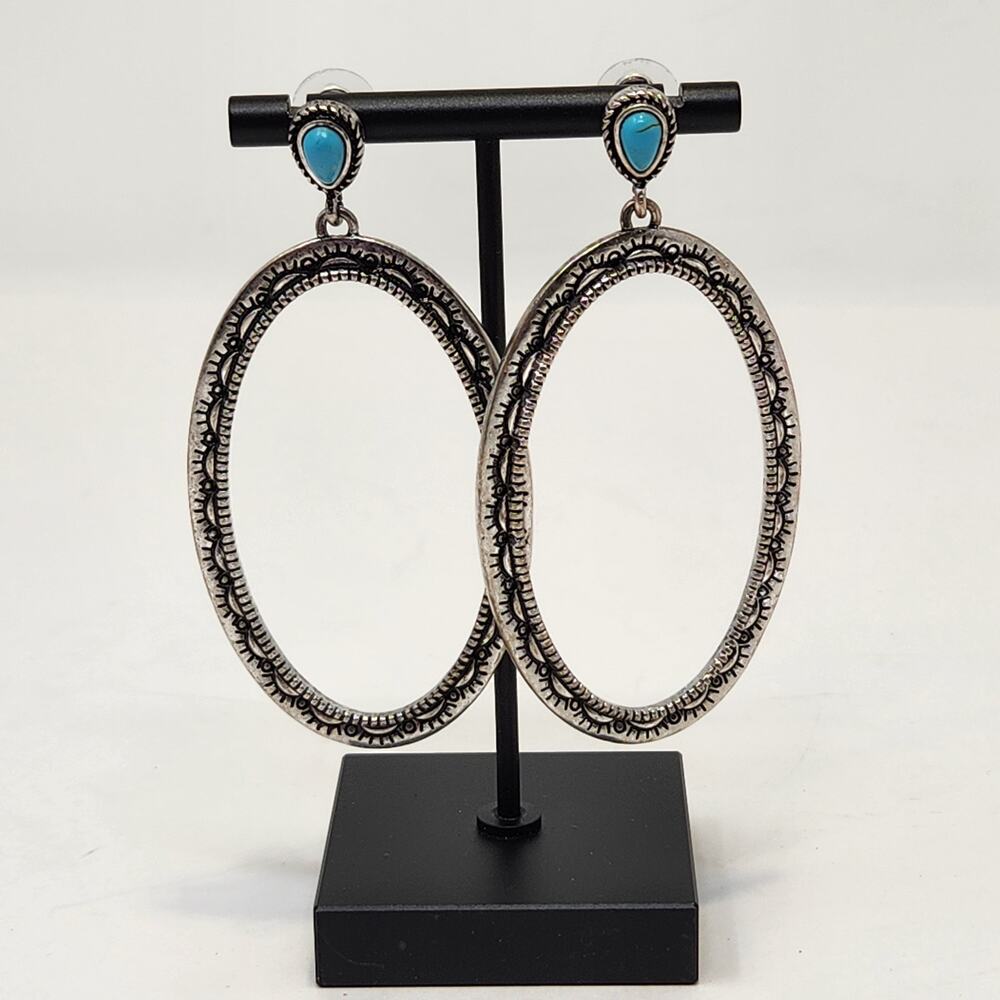 Southwestern Oversized Oval Silver Tone Post Earrings Blue Faux Stone Western